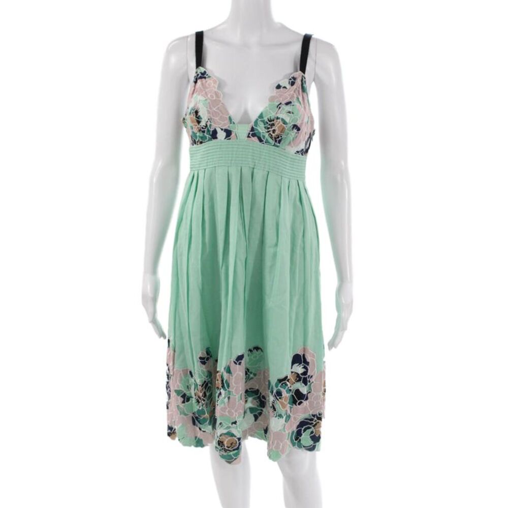 Catherine Malandrino Womens Sundress Green Vneck Sleeveless Cotton Short Size 8